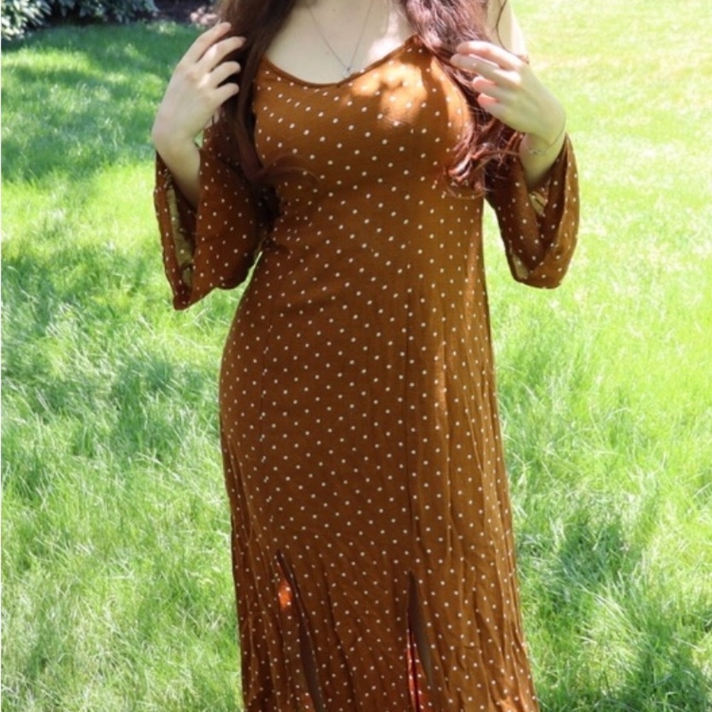 Trendy Terra Cotta Polka Dots with Sexy Slit and Open Shoulder